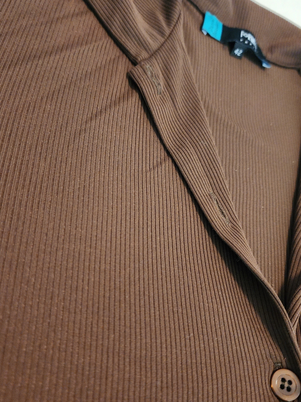Relaxed Ribbed Button-Front Long Brown Top Dress Loungewear Size 42 - Picture 3 of 13